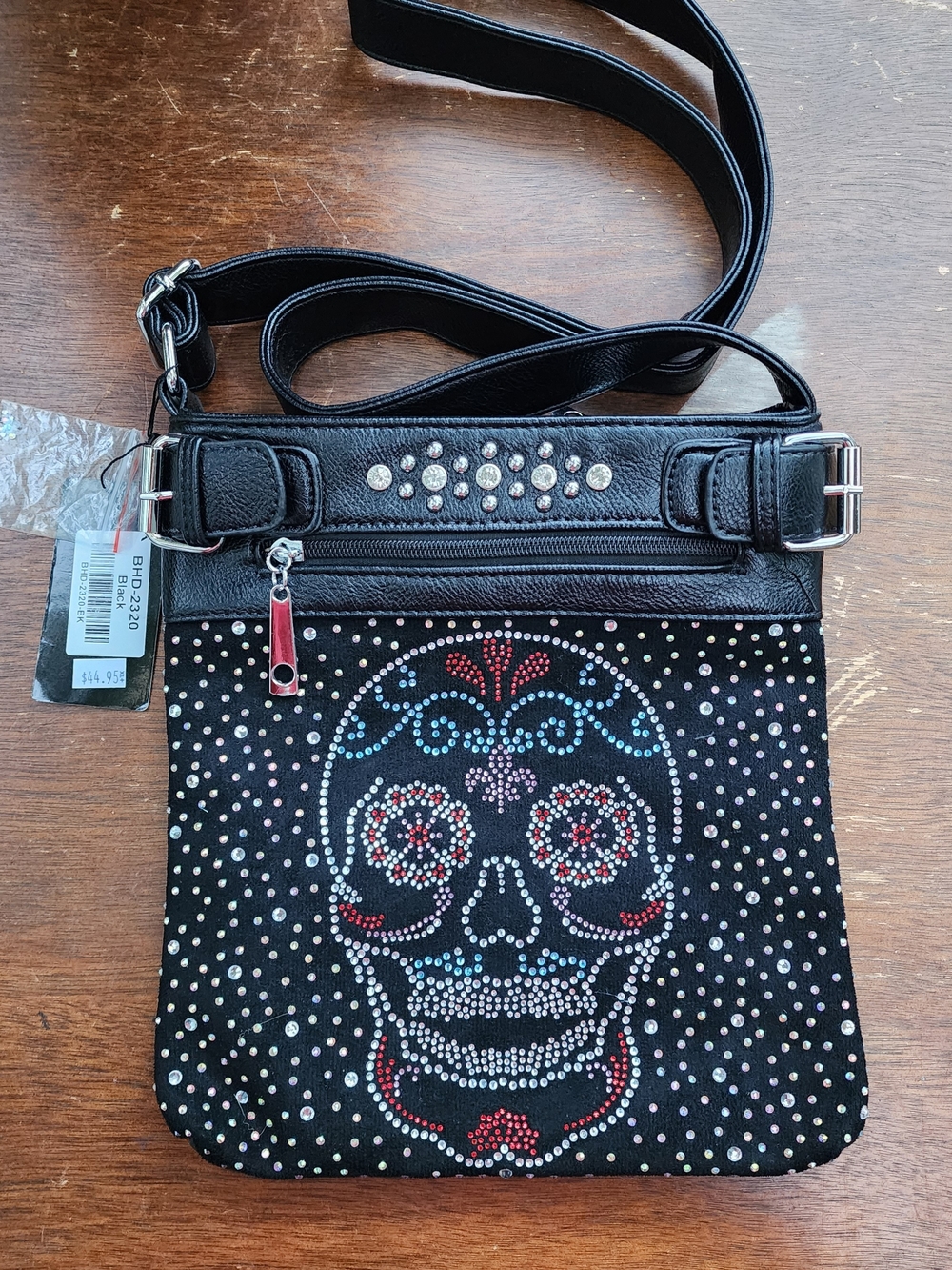 NWT Handbag Express Rhinestone Sugar Skull Crossbody Sling Bag Black Bling